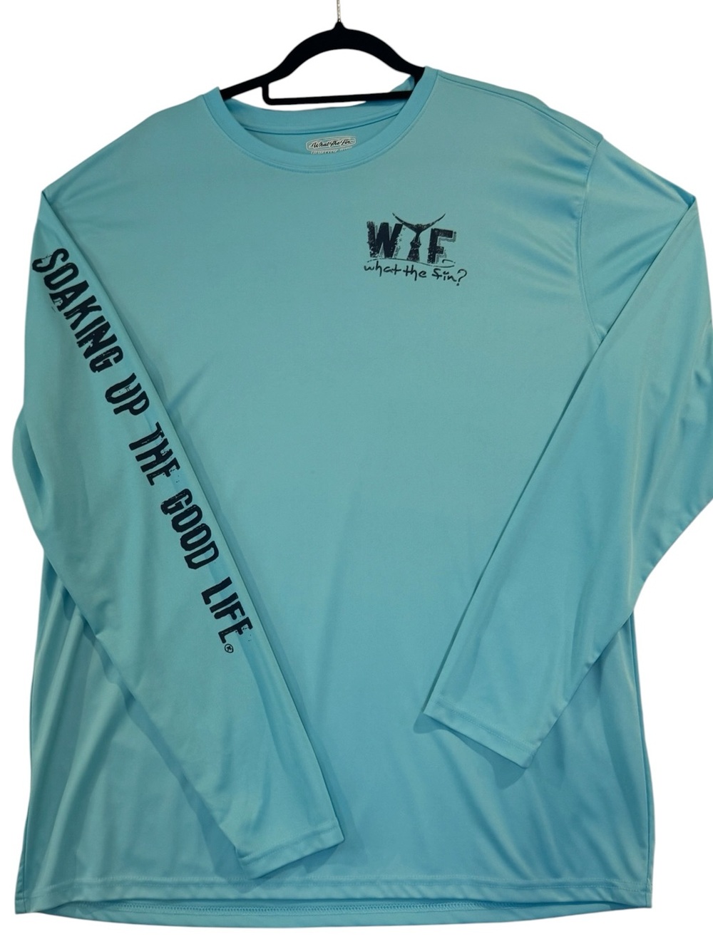New What the fin? Light Blue performance Fishing Boat Shirt Men's XXL